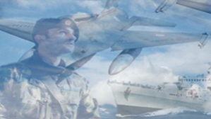 fundo de ceu, com um F16, um militar e um navio da marinha